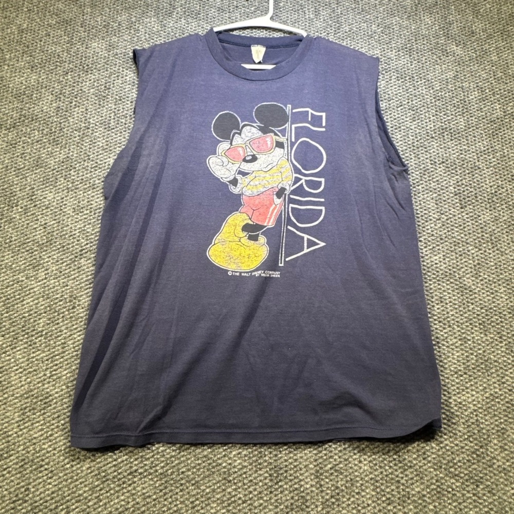 Vintage 80s Velva Sheen Mickey Mouse Florida Muscle Tee Navy Blue Medium